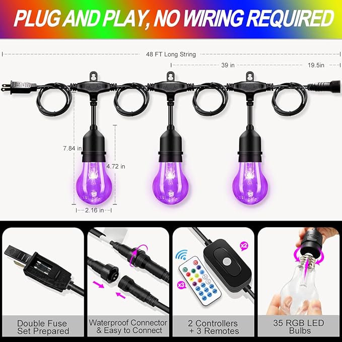 96FT Outdoor Patio Lights Color Changing, RGB LED String Lights with 32 E26 Shatterproof Edison Bulbs, Dimmable Patio String Lights for Backyard Garden, 2 Remote Controllers
