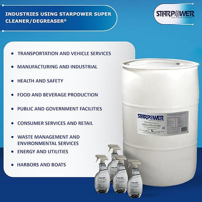 STARDUST Spill Products Starpower D355SP Industrial Degreaser, All Purpose Cleaner 55 Gallon Drum, Includes Empty 32-Ounce Labeled Sprayers for Easy Dilution, Efficient, Safe, Versatile - 4 Case