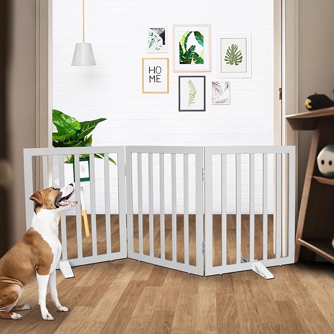 Dog Gate Indoor, Freestanding Dog Fence for The House, Doorways, Hallways,or Stairs,Pet Gate Foldable Wooden,Expandable 24" Height 3 Panels,Grey