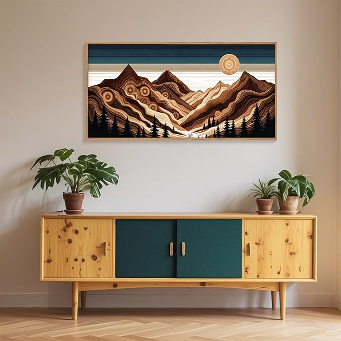 Large Abstract Mountain Woodcut Framed Canvas Wall Art,Modern Tree Ring Wall Decor,Sunrise Ridge Scenery Wall Painting,Retro Desert Artwork for Living Room,Bedroom,Dining Room,Office -20"x40"x1