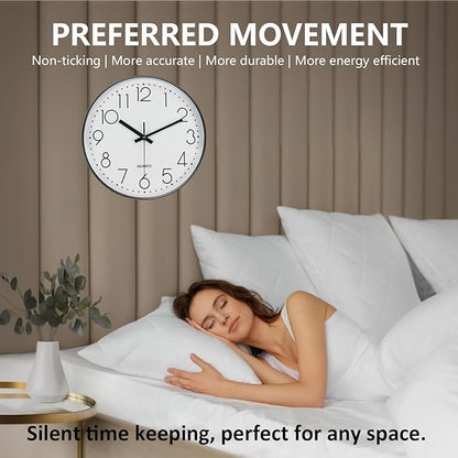 Wall Clock, Silent Wall Clocks Battery Operated 10 Inch Modern Non Ticking Analog Clock with Large Numerals Tempered Glass Clocks for Bedroom, Living Room, Kitchen, Office Decor, White Black