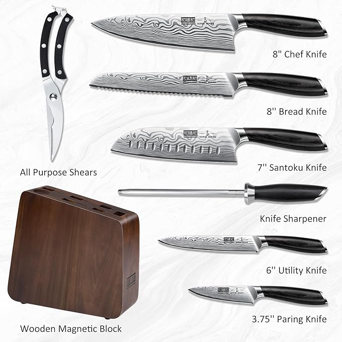 8 Pieces Knife Set with Magnetic Block, Ultra Sharp Powder Steel Knife Block Set, Professional Chef Knife Sets with Ergonomic Handle & Knife Sharpener
