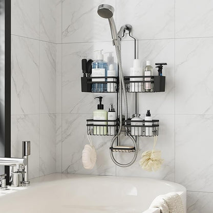 Shower Caddy Hanging for Bathroom Organizers and Storage - 3-Tier Adjustable Anti-Swing Shower Organizer for Handheld Showerhead with Heavy-Duty Suction Cups, Damage-Free Rustproof (Black)