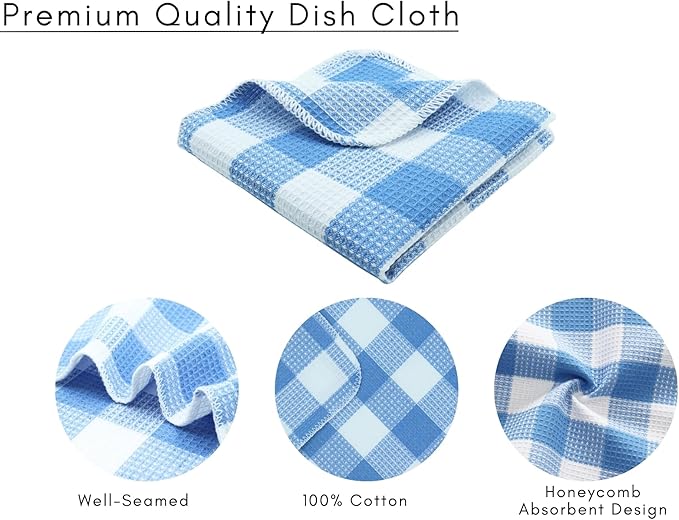 Waffle Weave Plaid Dish Cloths, 100% Cotton - 12 x 12 Inches, Ultra Soft Absorbent Quick Drying Dish Towels Buffalo Check Dish Rags for Kitchen, 8 Pack - Fall Thanksgiving - Light Blue & White