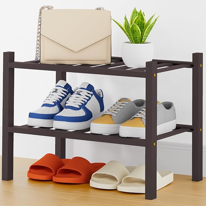 Smiry Shoe Rack, 2 Tier Thick Small Bamboo Shoe Organizer, Stackable Free Standing Wooden Shoe Storage Shelf for Closet, Entryway, Front Door Entrance, Brown