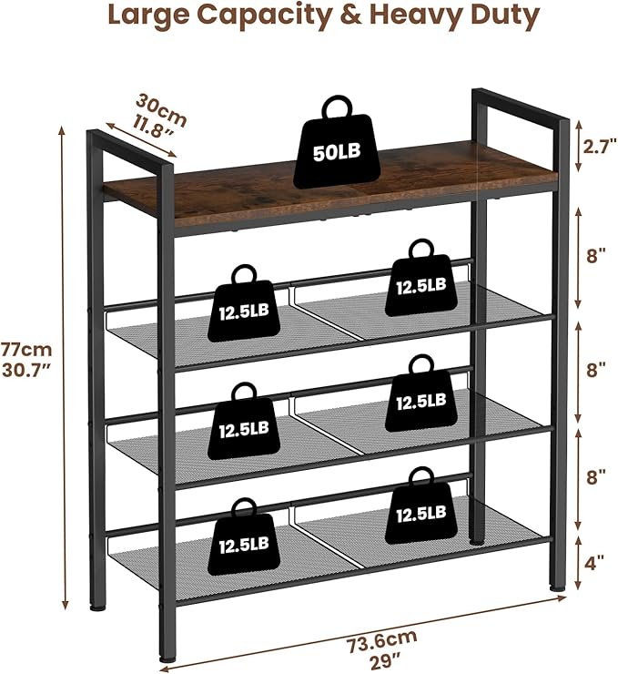 4 Tier Shoe Rack for Front Door Entrance, Shoe Rack for Entryway, Metal Shoe Organizer Heavy Duty with Wooden Top & Adjustable Mesh Shelves, Shoe Storage for Closet Bedroom Bathroom Dorm Garage