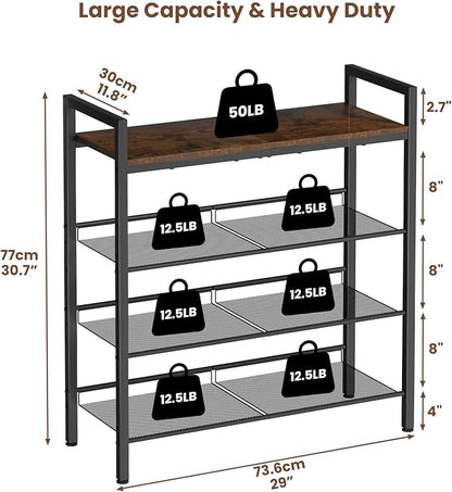 4 Tier Shoe Rack for Front Door Entrance, Shoe Rack for Entryway, Metal Shoe Organizer Heavy Duty with Wooden Top & Adjustable Mesh Shelves, Shoe Storage for Closet Bedroom Bathroom Dorm Garage