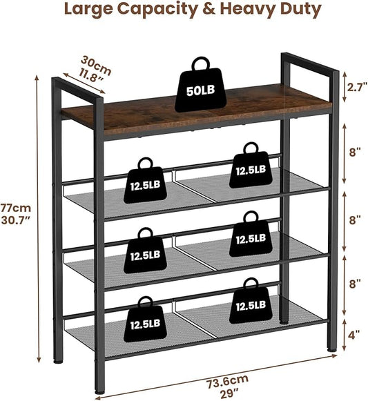 4 Tier Shoe Rack for Front Door Entrance, Shoe Rack for Entryway, Metal Shoe Organizer Heavy Duty with Wooden Top & Adjustable Mesh Shelves, Shoe Storage for Closet Bedroom Bathroom Dorm Garage