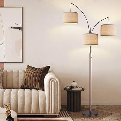 Dimmable Floor Lamp, 3 Lights Brown Arc Floor Lamps for Living Room, Modern Tall Standing Tree Lamp with Beige Linen Shade & Heavy Base, Large Floor Lamp for Bedroom Office, 3x1000 LM Bulbs Included