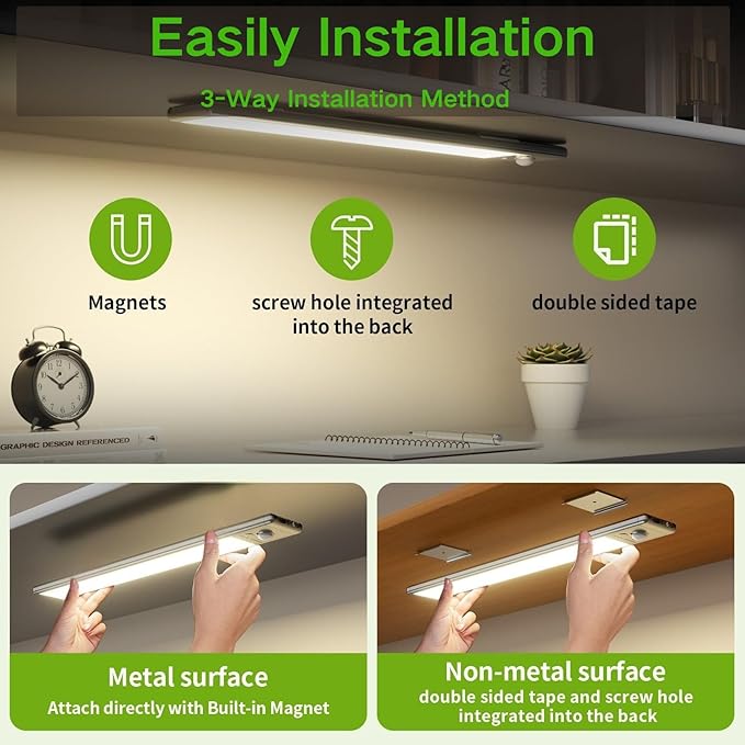 Motion Sensor Under Cabinet Lighting-Magnetic Rechargeable Closet Lights for Kitchen,Stairs,Wardrobe | 3-Color Dimmable LED Under Counter Lighting | Cord-Free Light Bars (12inch-2Pack)