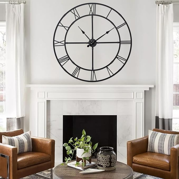 Large Wall Clock for Living Room Decor – 32 Inch Silent Non-Ticking Modern Farmhouse Wall Clock, Oversized Decorative Metal Roman Numeral Clock, Black