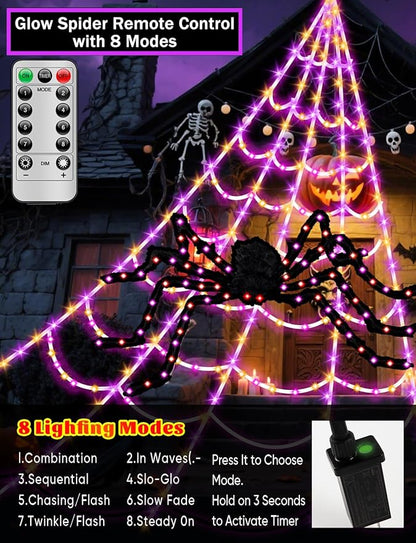 Spider Webs Halloween Decorations Lights - 450 LEDs Outdoor Halloween String Lights with 60" Light Up Spider,8 Modes Remote Control 16.4Ft Spiderweb,Waterproof (New Orange-Purple Grid Luminous Net)