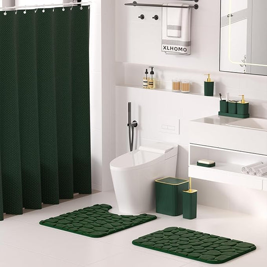 Bathroom Accessory Set - 25PC Green Bathroom Sets, Bathroom Set with Shower Curtain and Rugs, Dark Green Shower Curtain Set, Trash Can, Qtip Holder Dispenser & Soap Dispenser