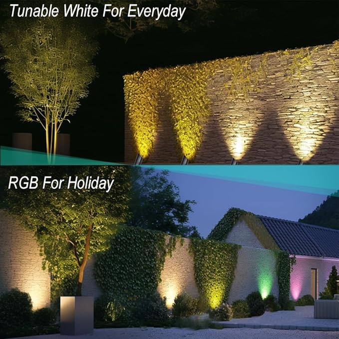 Low Voltage Outdoor Landscape Spotlights with RGB+CCT Color Changing,IP65 Waterproof Uplights for Garden and Yard,12V Warm&White Uplights,Heavy Duty Accent Fixtures,APP/Remote Control