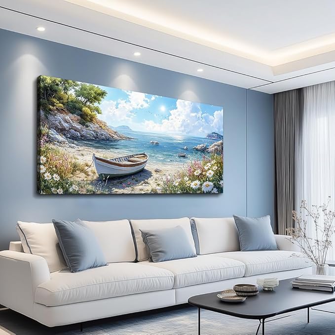 ZUITINGHUA Canvas Wall Art For Living Room Large Wall Decor For Office Bedroom Decorations Seaside Boat Landscape Pictures Farmhouse Painting Artwork Room Wall Mural Aesthetic Home Decor 30x60 In