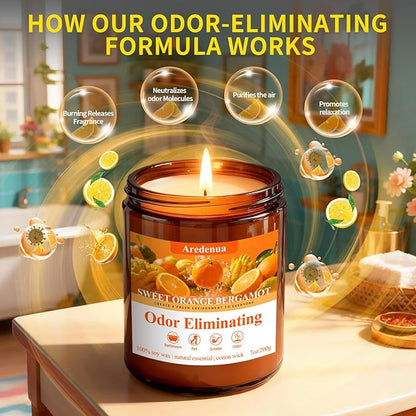 Sweet Orange Bergamot Odor Eliminating Candles | Eliminates 95% of Pet, Smoke & Bathroom Odors – 7oz Hand Poured Non-Toxic Soy Candle - Air Freshing Scented Candle Gifts for Positive & Relaxation