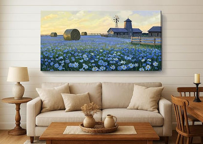 ARTZON Extra Large Wall Art Bedroom Living Room Oversized Farmhouse Sunset Art Work Rustic Country Blue Flower Meadow Landscape Canvas Print Artwork Windmill Picture for Kitchen Office Hallway 58"x29"