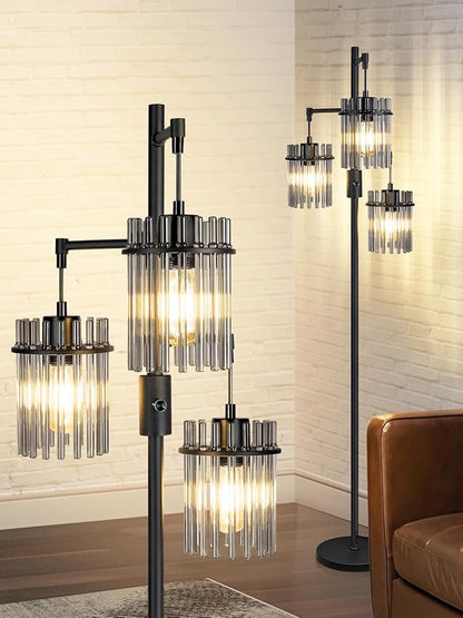 Industrial Modern Floor Lamps for Living Room, Dimmable Glass Tree Standing Tall Lamps with 3 Elegant Teardrop Cage Head & 800 Lumens LED Bulbs for Bedroom Office (66inch Tall)