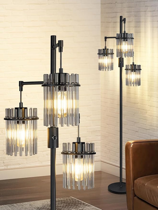 Industrial Modern Floor Lamps for Living Room, Dimmable Glass Tree Standing Tall Lamps with 3 Elegant Teardrop Cage Head & 800 Lumens LED Bulbs for Bedroom Office (66inch Tall)