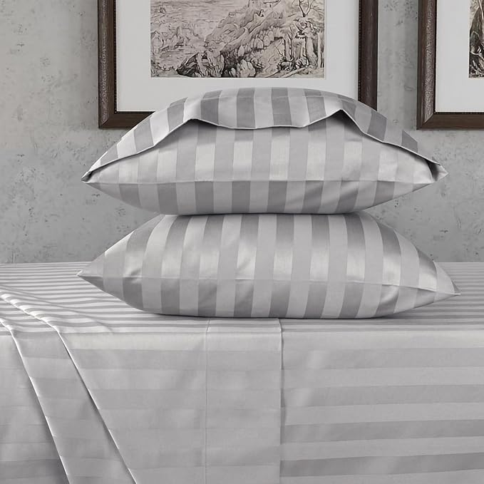 URBANHUT 800 Thread Count Egyptian Cotton Full Size Damask Striped Sheets Set (4 Pc) - Ultra Soft & Smooth, Thick & Crisp Sateen Weave Full Bedsheets, Fits Upto 16" Mattress - Silver Grey