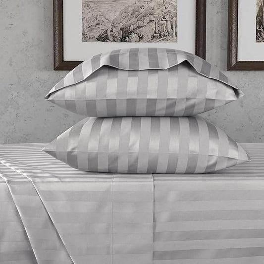 URBANHUT 800 Thread Count Egyptian Cotton Full Size Damask Striped Sheets Set (4 Pc) - Ultra Soft & Smooth, Thick & Crisp Sateen Weave Full Bedsheets, Fits Upto 16" Mattress - Silver Grey