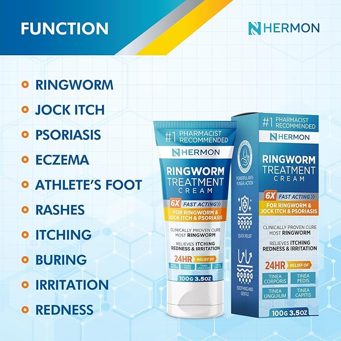 Hermon Powerful Antifungal Ringworm Cream - Effective Treatment for Stubborn Ringworm, Jock Itch, Eczema, Tinea Versicolor, Athlete's Foot - for Adults and Kids - 100ml (2 Pack)