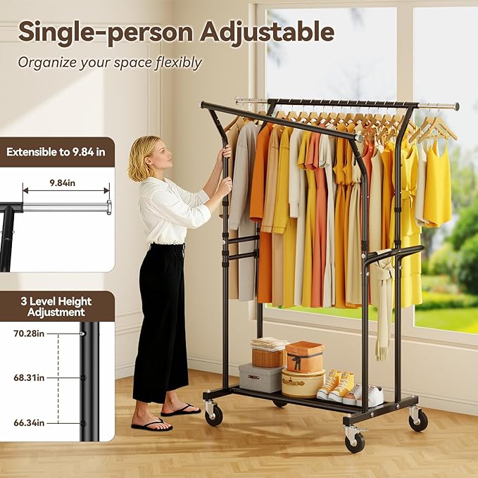 800LBS Heavy Duty Clothes Rack: Rolling Clothing Rack for Hanging Coat Double Rods Portable Wardrobe Garment Racks with Wheels Shelf Sturdy Metal Adjustable Bedroom Laundry Living Room (Black)