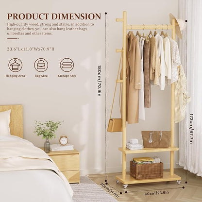 Coat Rack Freestanding Clothing Rack with Wheels & 2 Shelves Storage & 5 Hooks Heavy Duty Clothes Rack Wood Coat Tree Stand Hat Hanger Rack for Corner Bedroom Entryway Living Room Hotel Size L