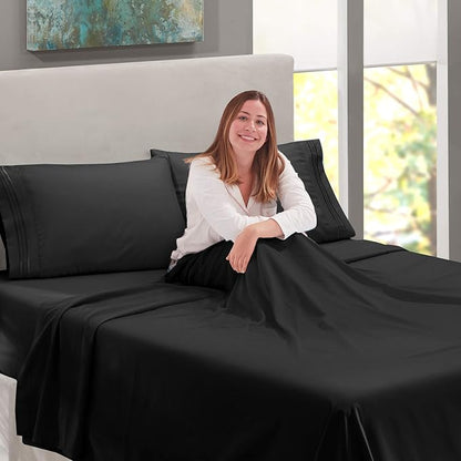 Nestl Short Queen Sheet Set - 1800 Ultra-Soft Microfiber - Double Brushed - Deep Pockets - Easy Fit - 4 Piece Set - Bed Sheets (Short Queen, Black)
