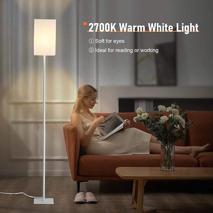 Floor Lamp for Living Room, Modern Standing Lamp Tall Lamp with Linen Shade, Simple Design Floor Lamp for Bedroom, Office, Kids Room, Reading, Working, White