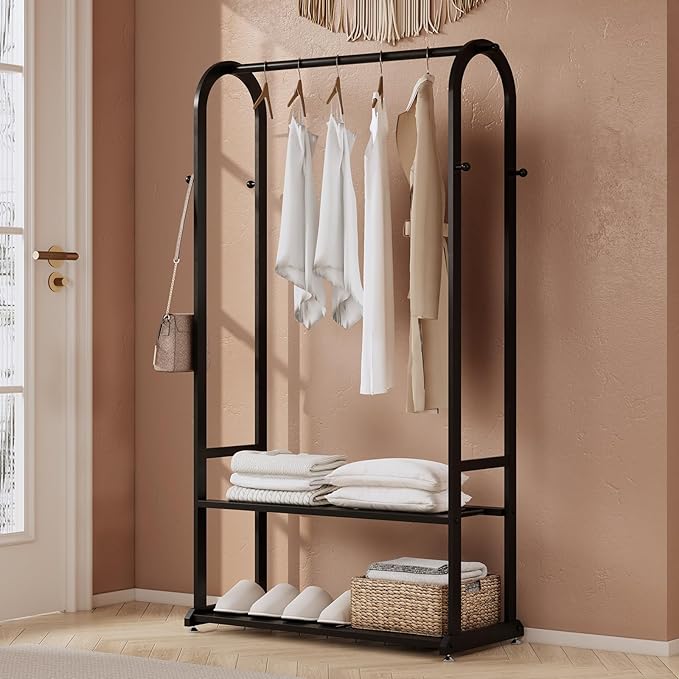 Heavy Duty Clothes Rack,Sturdy Metal Garment Racks for Hanging Clothes,Clothing Racks with bottom shelves & 6 Hooks,Multi-Functional Closet Rack for Bedroom Living room
