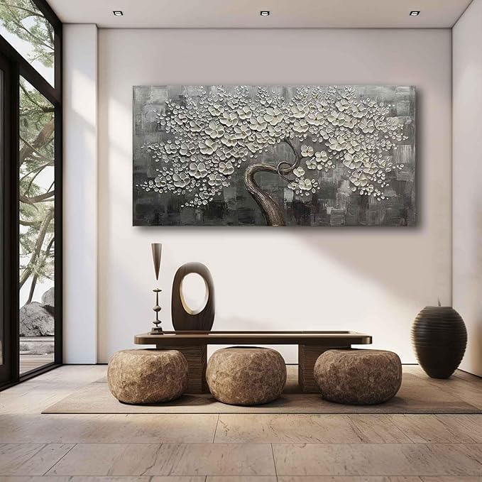 SDYA Flower Tree Wall Art Painting for Living Room White Botanical Picture for Bedroom Office Kitchen Home Decor Wall 30x60 Inches