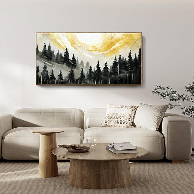 ARTZON Large Framed Canvas Art Wall Decor for Living Room Modern Black Yellow Gray Tree Picture Nature Lanscape Sunset Scenery Pin Forest Horizontal Artwork for Walls Home Living Room Bedroom 48"x24"