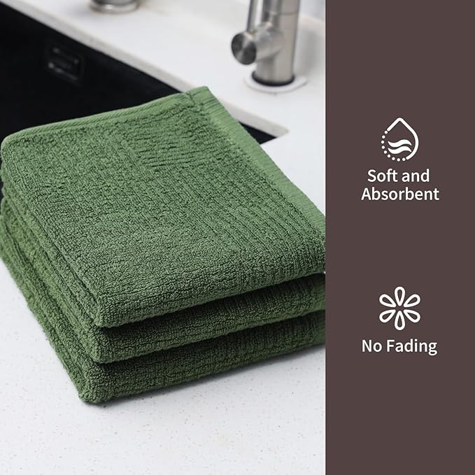Glynniss Dish Towels for Kitchen, Absorbent Cotton Kitchen Towels for Drying Dishes, Terry Tea Towels for Cleaning Set of 3 (Green, 16x26)