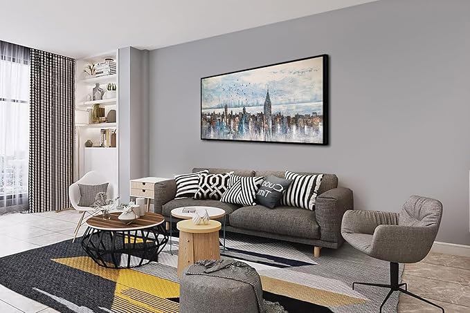 Arjun Cityscape Wall Art New York City Buildings Picture Modern Abstract Grey Skyline Birds NYC Painting Artwork for Bedroom Living Room Bathroom Home Office Decor, Large Size Black Framed 58"x29"