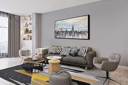 Arjun Cityscape Wall Art New York City Buildings Picture Modern Abstract Grey Skyline Birds NYC Painting Artwork for Bedroom Living Room Bathroom Home Office Decor, Large Size Black Framed 58"x29"