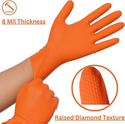 Industrial Nitrile Gloves – Heavy Duty Latex & Powder Free Disposable Gloves with Diamond Texture - 8 Mil (Orange)