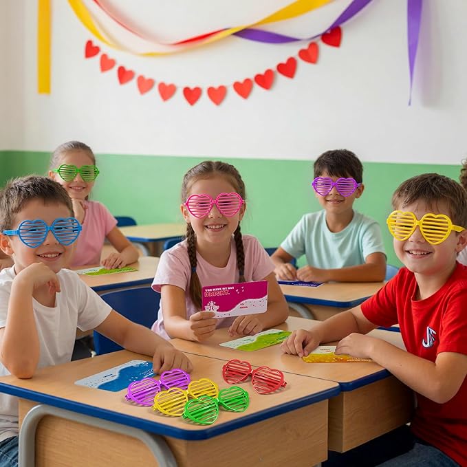 Amy&Benton 28PCS Shutter Glasses Toys with Valentines Gift Cards, Valentines Day Heart Shaped Shutter Shade Glasses for Kids Classroom Exchange Gifts Praty Prizes Bulk