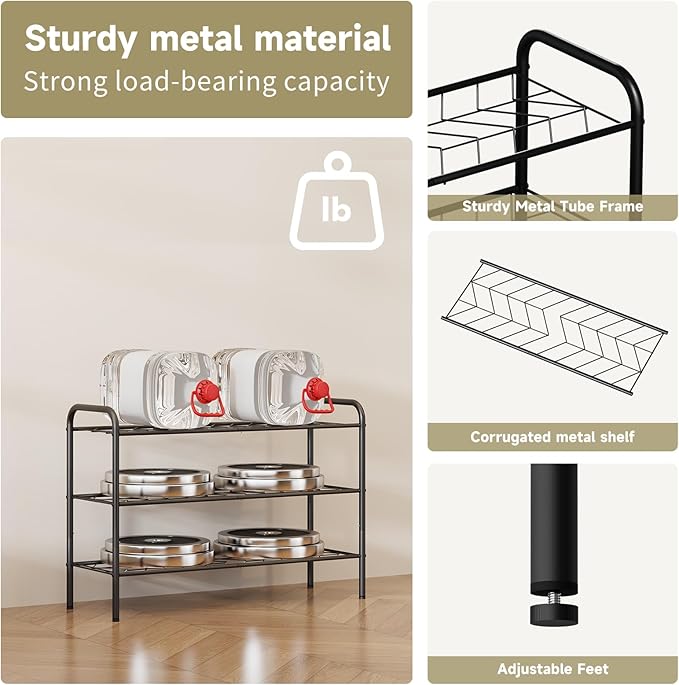 3-Tier Metal Shoe Rack, Free Standing Shoe Storage Rack for Entryway, Closet and Hallway (Black, 3-Tier)