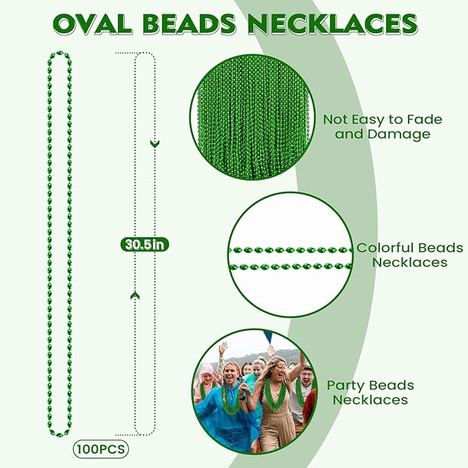 SHAOQINLIN 100 PCS St. Patricks Day Beads Necklace, 30.5" Green Oval Beads Irish Saint Patrick's Necklaces Christmas Necklace for St. Patricks Day Mardi Gras Xmas Parade Throws Party Favors