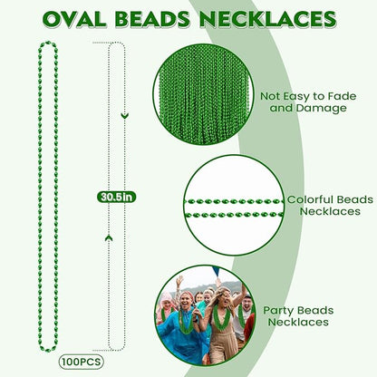 SHAOQINLIN 100 PCS St. Patricks Day Beads Necklace, 30.5" Green Oval Beads Irish Saint Patrick's Necklaces Christmas Necklace for St. Patricks Day Mardi Gras Xmas Parade Throws Party Favors