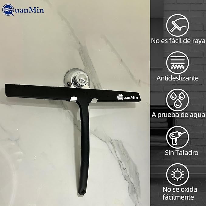 Squared Shower Squeegee with Hook, 11 inch Stainless Steel Silicone Core All-Purpose Household Window Mirror Cleaner Tool Bathroom Squeegee for Glass Doors,Car Cleaning,Tile Wall,Black