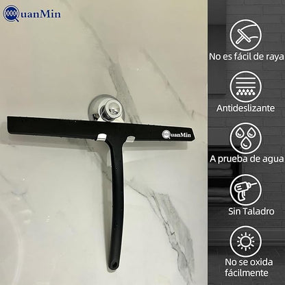 Squared Shower Squeegee with Hook, 11 inch Stainless Steel Silicone Core All-Purpose Household Window Mirror Cleaner Tool Bathroom Squeegee for Glass Doors,Car Cleaning,Tile Wall,Black