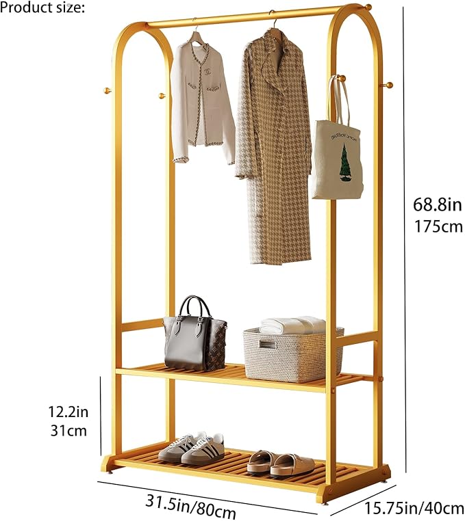 Gold Clothing Rack,Heavy duty clothes rack with 2-tier Bottom Shelves, Garment Rack with 6 Side Hooks for Hanging Clothes, Coats, Shirts (gold, 31.5in)