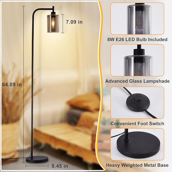 DLLT Floor Lamp Tall for Room: Black Standing Lamp with Grey Glass Lampshade for Living Room - Modern Bright Lamp for Bedroom - Industrial Corner Floor Lamps for Office 8W Led Bulb Included