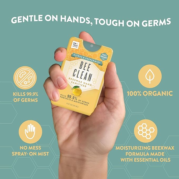 Organic Beeswax Hand Sanitizer Spray - 4-Pack (Citrus Peppermint), Travel Size Mist Spray with Organic Ethyl Alcohol, Moisturizing and Refreshing with Essential Oils, Non-Toxic, Made in USA