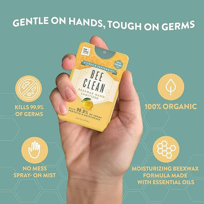 Organic Beeswax Hand Sanitizer Spray - 4-Pack (Citrus Peppermint), Travel Size Mist Spray with Organic Ethyl Alcohol, Moisturizing and Refreshing with Essential Oils, Non-Toxic, Made in USA