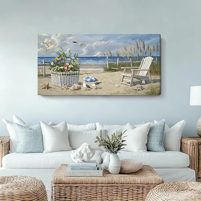 ARTZON Beach Scene Wall Art – Relaxing Large Blue Tropical Nature Sunshine Seascape Picture Modern Summer Coastal Canvas Print Decor for Living Room, Bedroom, 48x24 Inch