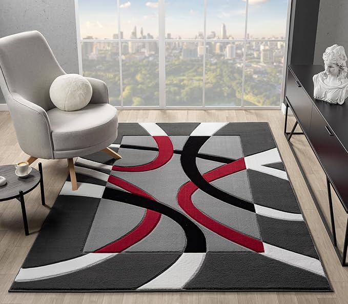 Ultra Soft Area Rug - Modern Abstract Design for Living Room & Bedroom - Foldable, Stain Resistant, Easy to Clean - (8x11, Red)