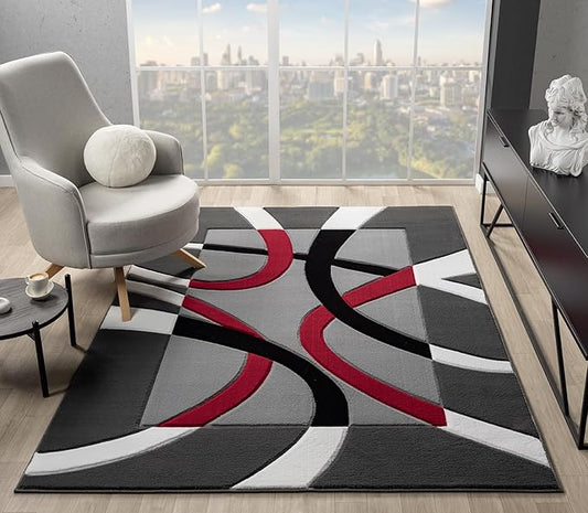 Ultra Soft Area Rug Hand Carved - Modern Abstract Design for Indoor Living Room & Bedroom - Stain Resistant, Easy to Clean - (2'7''x7, Red)